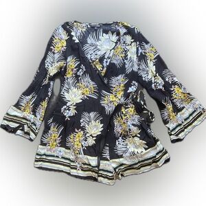 Fashion Nova Black and Yellow Floral Wrap Romper